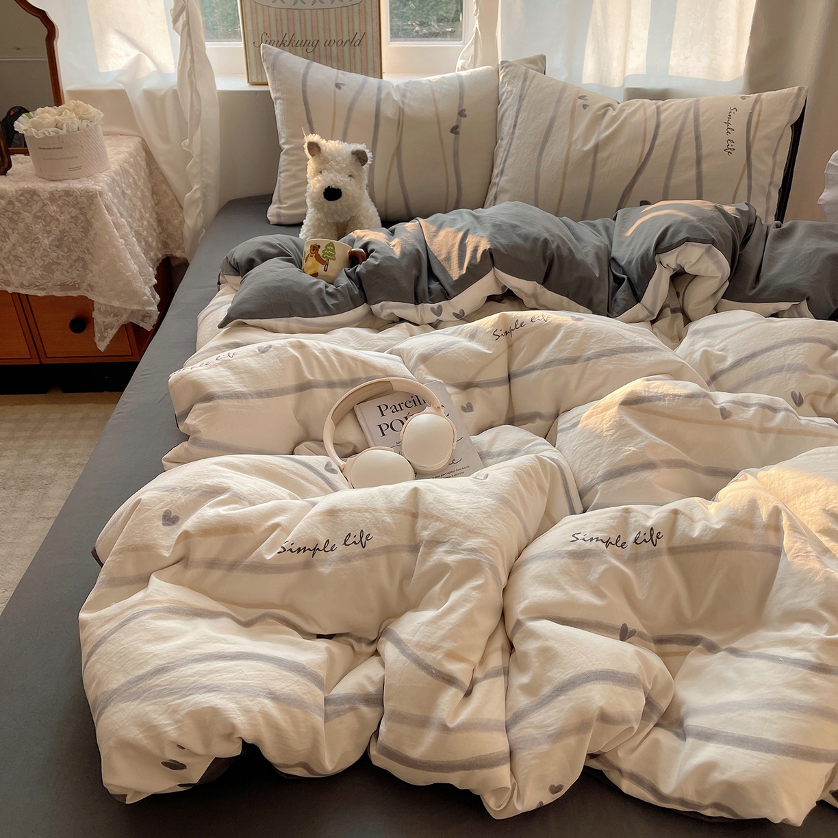 91家纺网 家纺一手货源 找家纺 沐芷 2026 【提供买家秀】古法水洗仿棉A类四件套床上用品三件套被套被罩床笠款---第一波 灰度情书