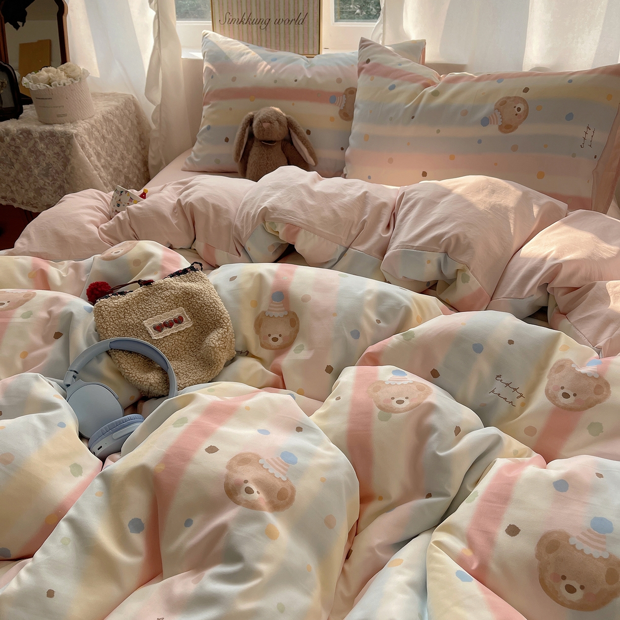 91家纺网 家纺一手货源 找家纺 沐芷 2026 【提供买家秀】古法水洗仿棉A类四件套床上用品三件套被套被罩床笠款---第一波 暖意小熊