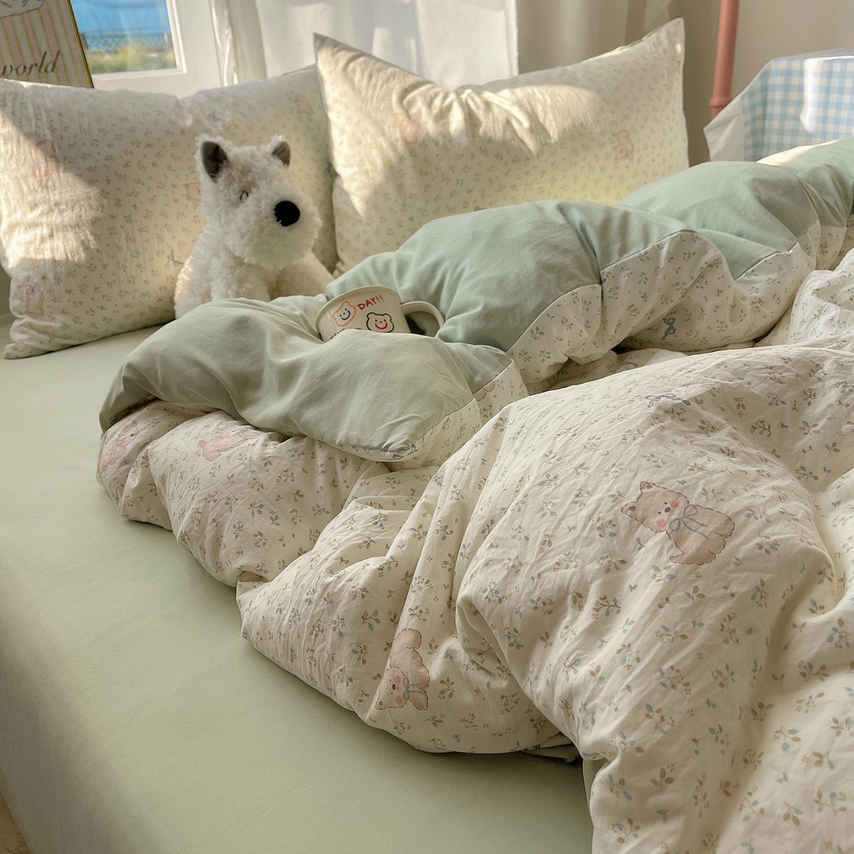 91家纺网 家纺一手货源 找家纺 沐芷 2026 【提供买家秀】古法水洗仿棉A类四件套床上用品三件套被套被罩床笠款---第一波 假日萌犬