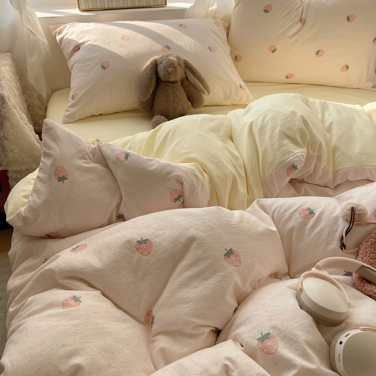 91家纺网 家纺一手货源 找家纺 沐芷 2026 【提供买家秀】古法水洗仿棉A类四件套床上用品三件套被套被罩床笠款---第一波 草莓啵啵