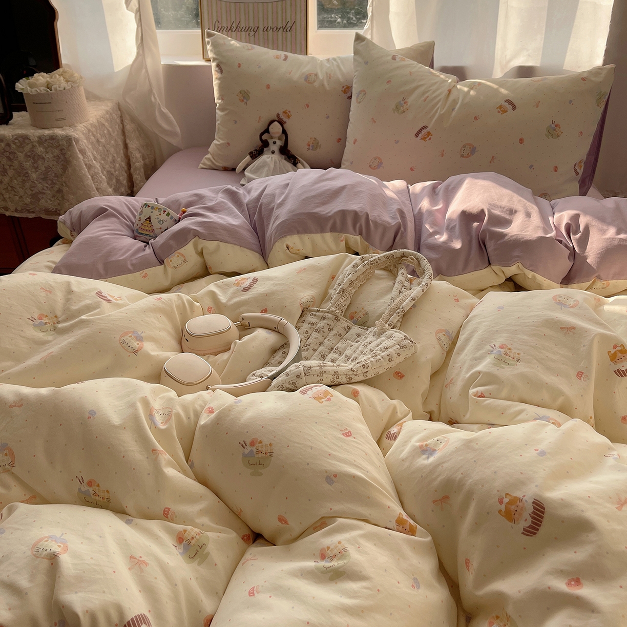 91家纺网 家纺一手货源 找家纺 沐芷 2026 【提供买家秀】古法水洗仿棉A类四件套床上用品三件套被套被罩床笠款---第一波 猫咪甜点屋