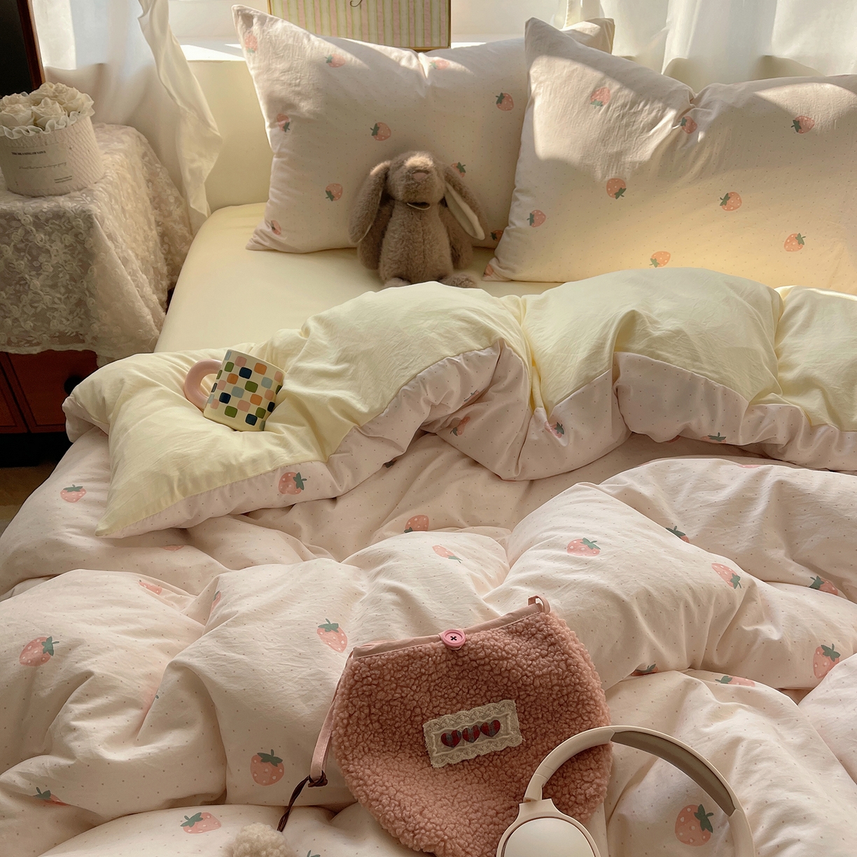 91家纺网 家纺一手货源 找家纺 沐芷 2026 【提供买家秀】古法水洗仿棉A类四件套床上用品三件套被套被罩床笠款---第一波 草莓啵啵