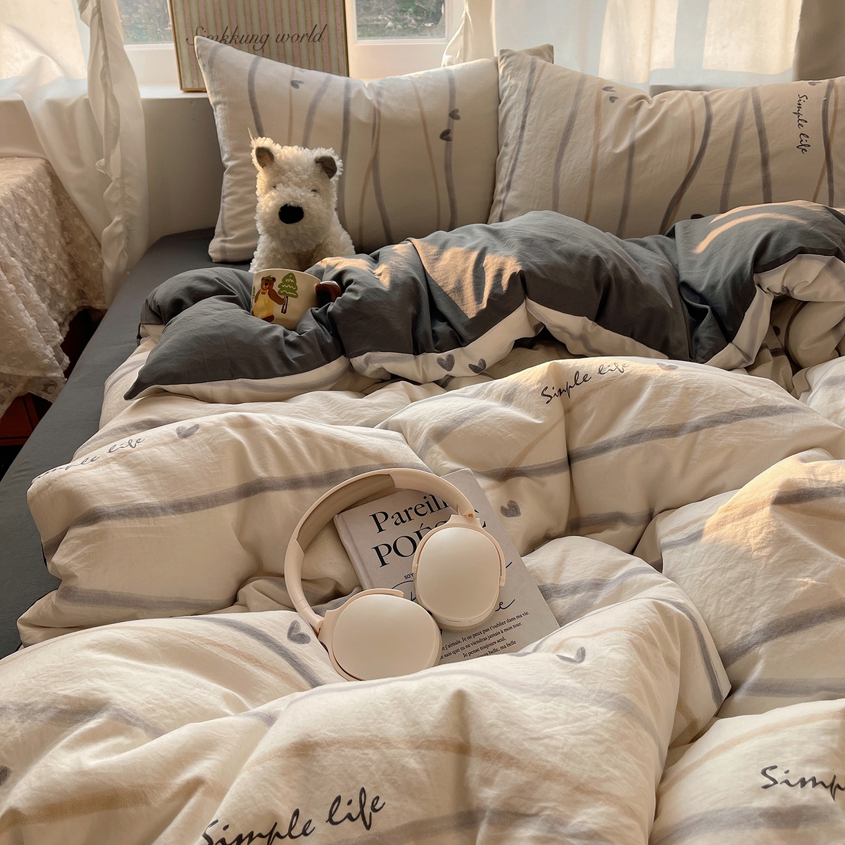 91家纺网 家纺一手货源 找家纺 沐芷 2026 【提供买家秀】古法水洗仿棉A类四件套床上用品三件套被套被罩床笠款---第一波 灰度情书