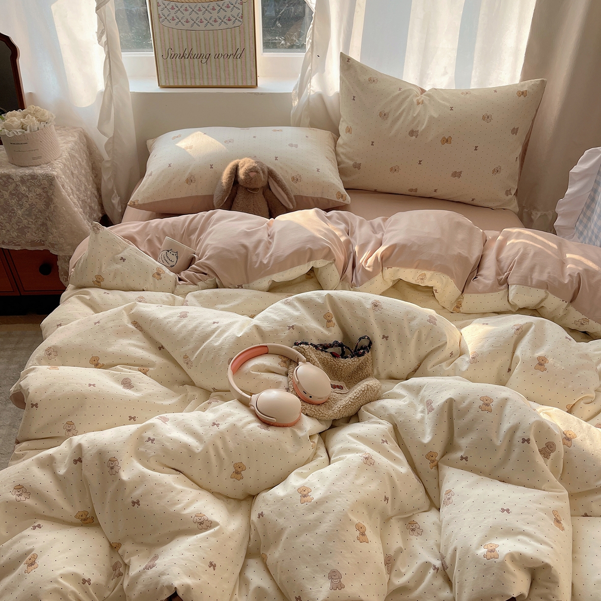 91家纺网 家纺一手货源 找家纺 沐芷 2026 【提供买家秀】古法水洗仿棉A类四件套床上用品三件套被套被罩床笠款---第一波 波点汪语