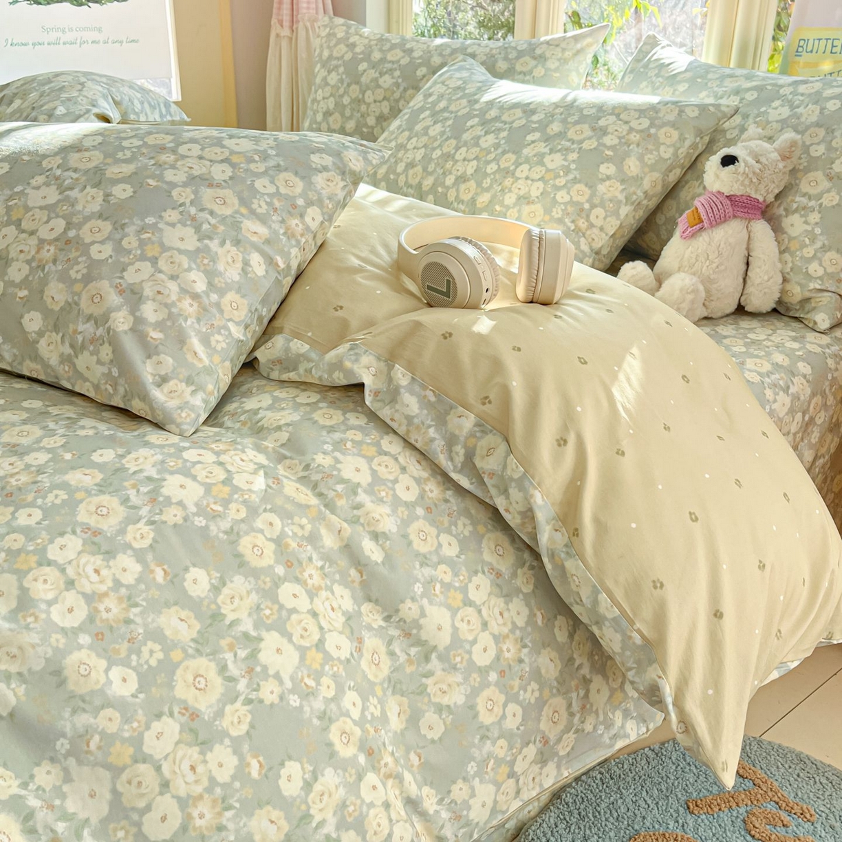 91家纺网 家纺一手货源 找家纺 寻米 2026春夏新款全棉13070印花四件套单品系列场景二-四件套 繁花-绿