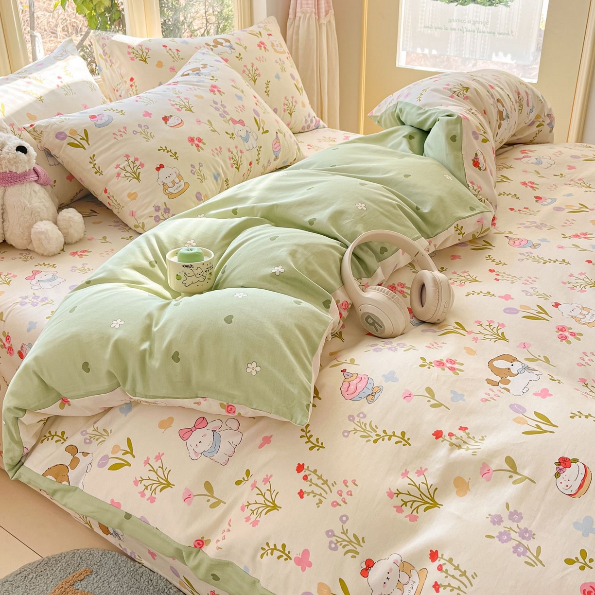 91家纺网 家纺一手货源 找家纺 寻米 2026春夏新款全棉13070印花四件套单品系列场景二-四件套 花园小狗