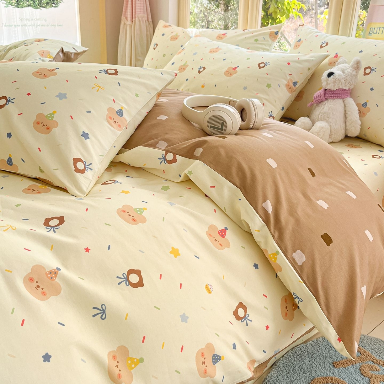 91家纺网 家纺一手货源 找家纺 寻米 2026春夏新款全棉13070印花四件套单品系列场景二-四件套 黄油小熊