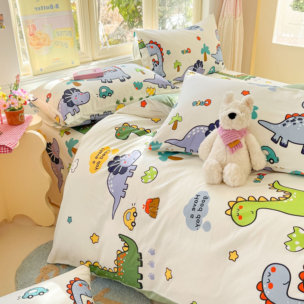 91家纺网 家纺一手货源 找家纺 寻米 2026春夏新款全棉13070印花四件套单品系列场景二-四件套 恐龙乐园