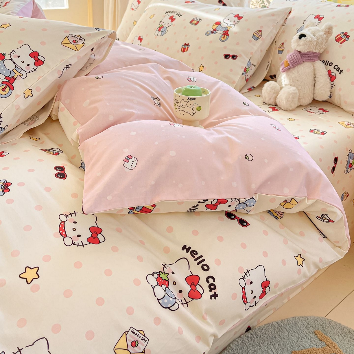 91家纺网 家纺一手货源 找家纺 寻米 2026春夏新款全棉13070印花四件套单品系列场景二-四件套 快乐小喵