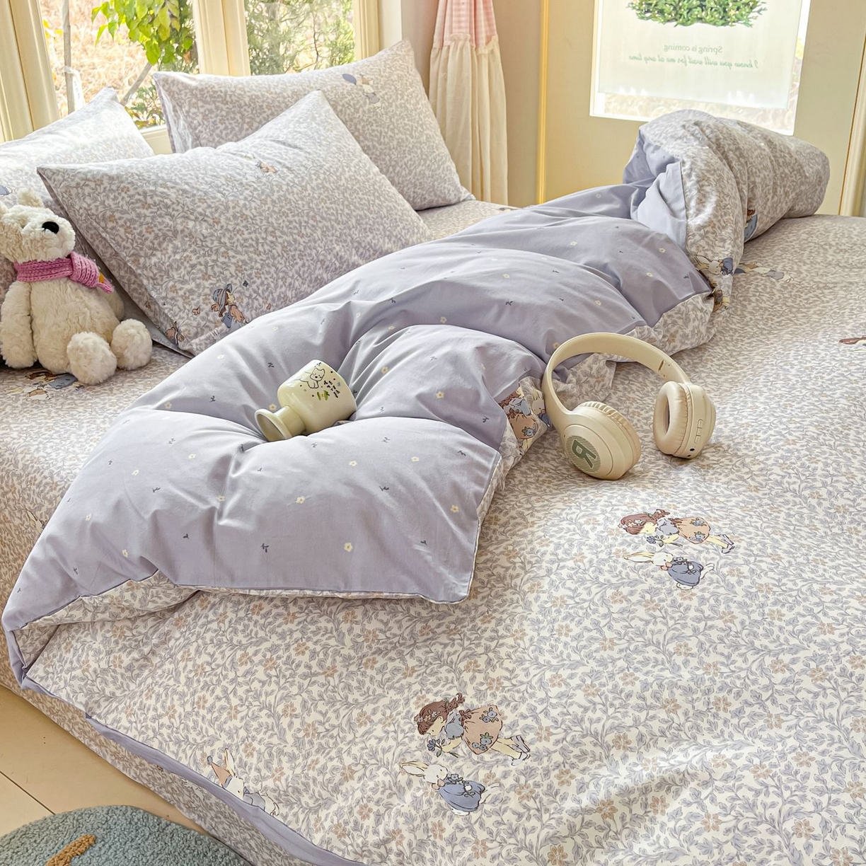 91家纺网 家纺一手货源 找家纺 寻米 2026春夏新款全棉13070印花四件套单品系列场景二-四件套 萌兔花园