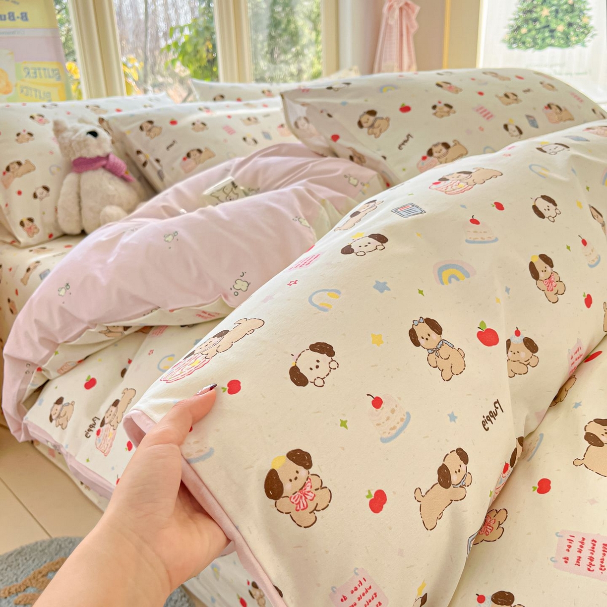 91家纺网 家纺一手货源 找家纺 寻米 2026春夏新款全棉13070印花四件套单品系列场景二-四件套 奶酪小狗