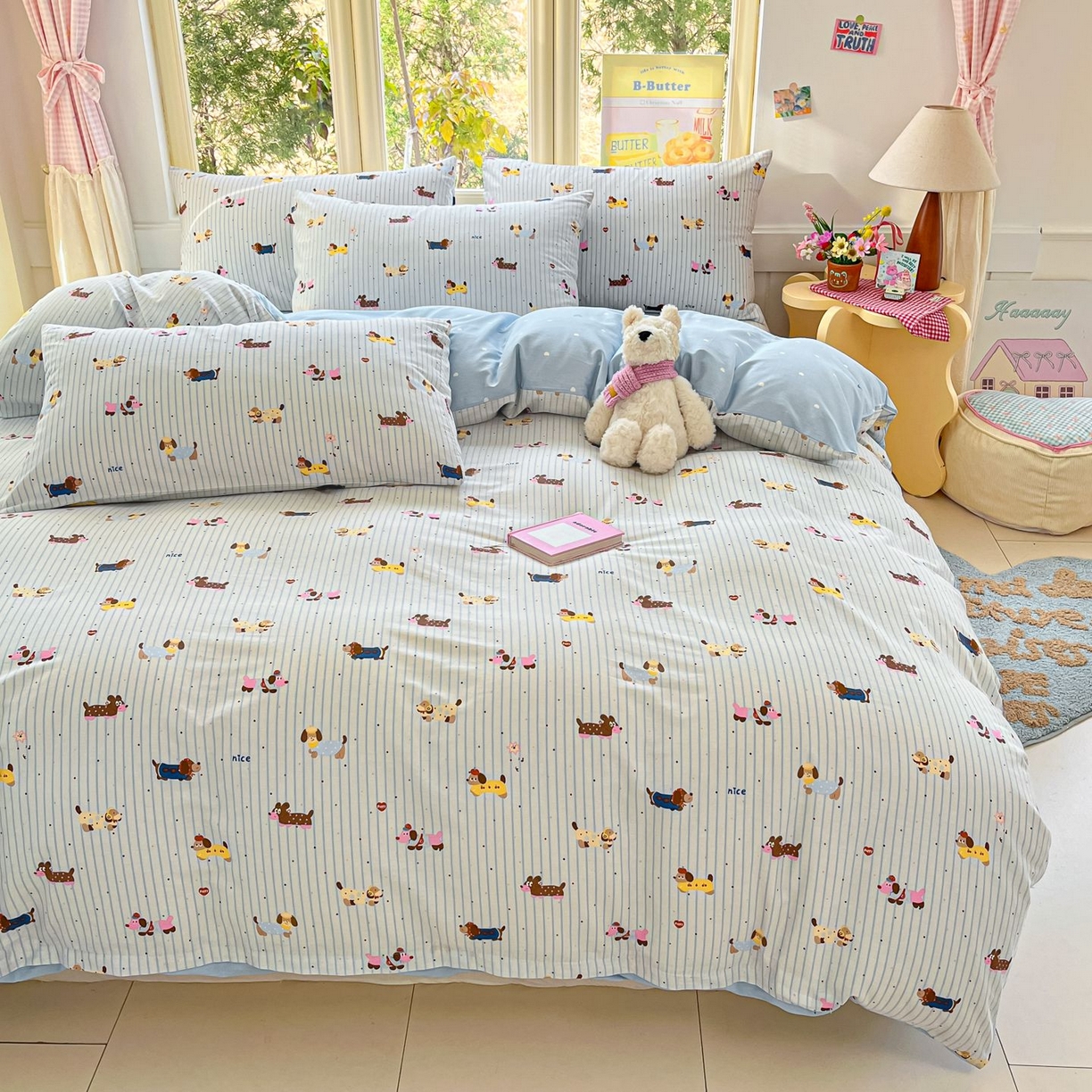 91家纺网 家纺一手货源 找家纺 寻米 2026春夏新款全棉13070印花四件套单品系列场景二-四件套 小狗没烦恼-蓝