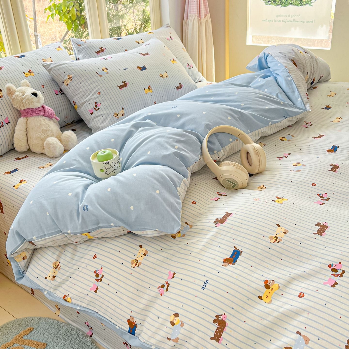 91家纺网 家纺一手货源 找家纺 寻米 2026春夏新款全棉13070印花四件套单品系列场景二-四件套 小狗没烦恼-蓝