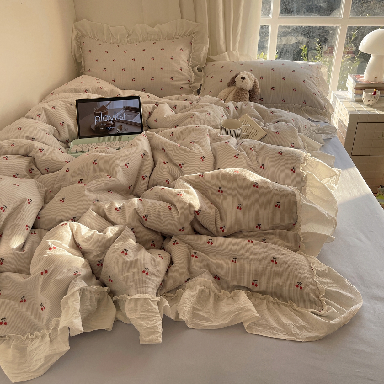 六巷胡同 2026新款韩系博主风60支色织提花小樱桃A类全棉水洗棉四件套 小樱桃-蓝