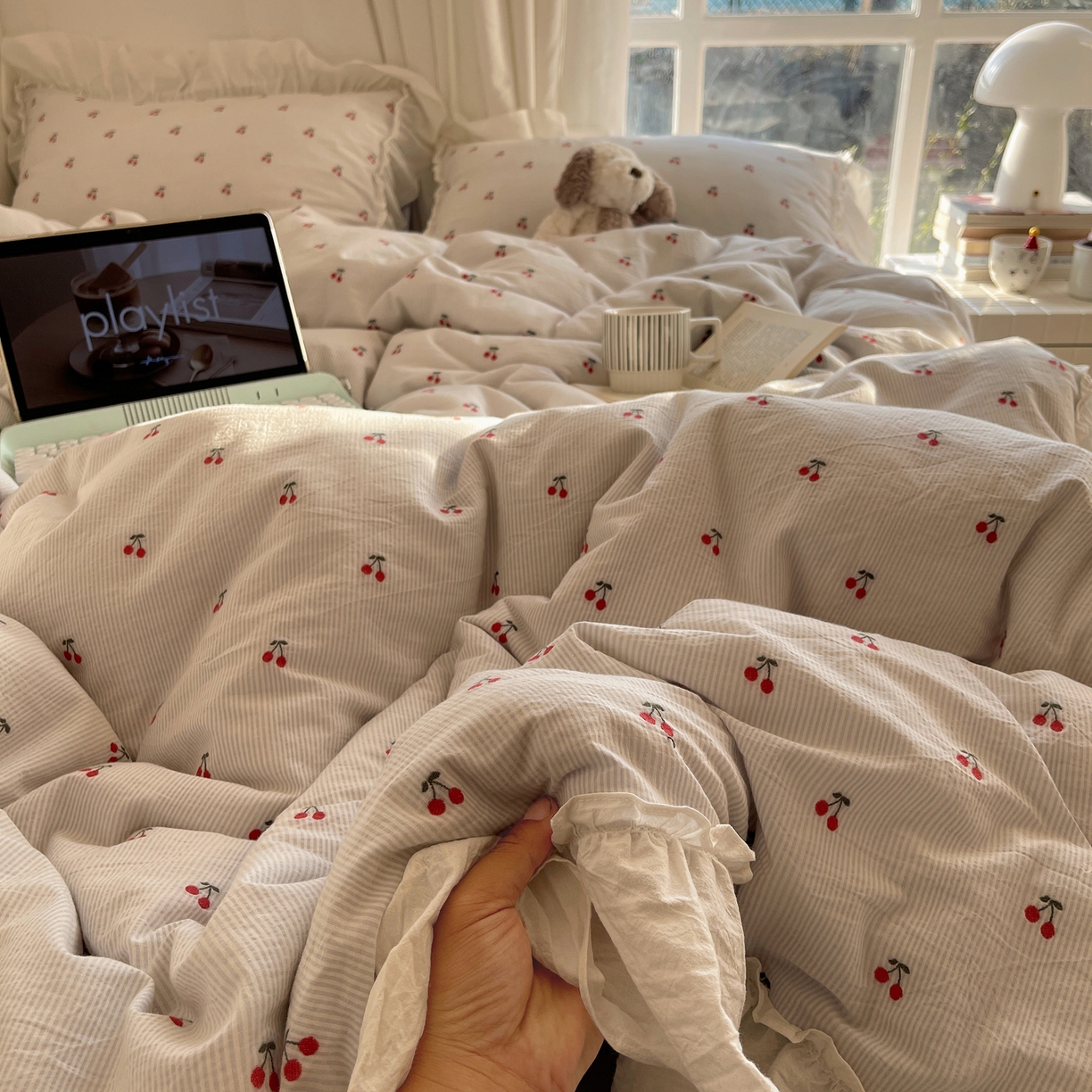 91家纺网 家纺一手货源 找家纺 六巷胡同 2026新款韩系博主风60支色织提花小樱桃A类全棉水洗棉四件套 小樱桃-蓝