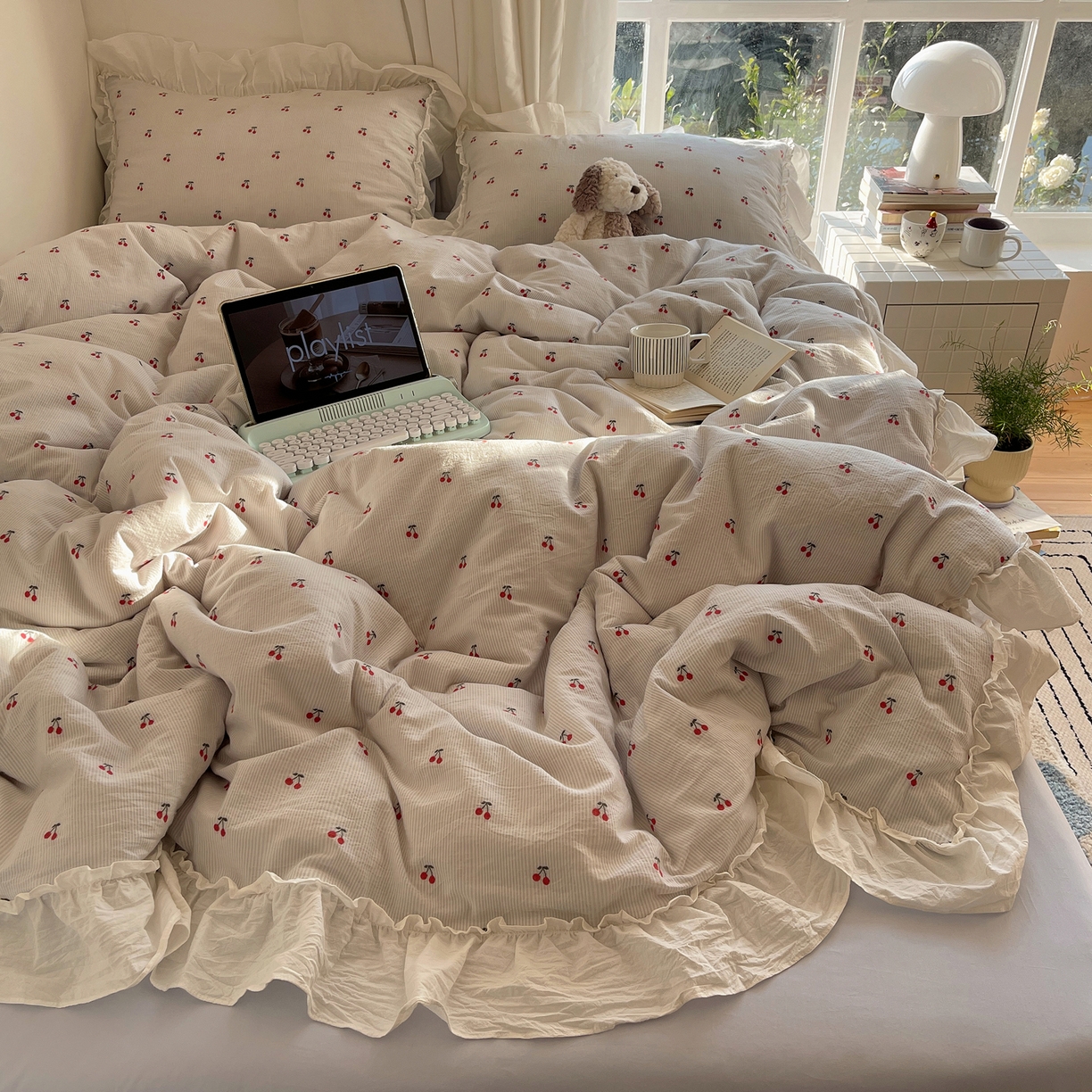 91家纺网 家纺一手货源 找家纺 六巷胡同 2026新款韩系博主风60支色织提花小樱桃A类全棉水洗棉四件套 小樱桃-蓝