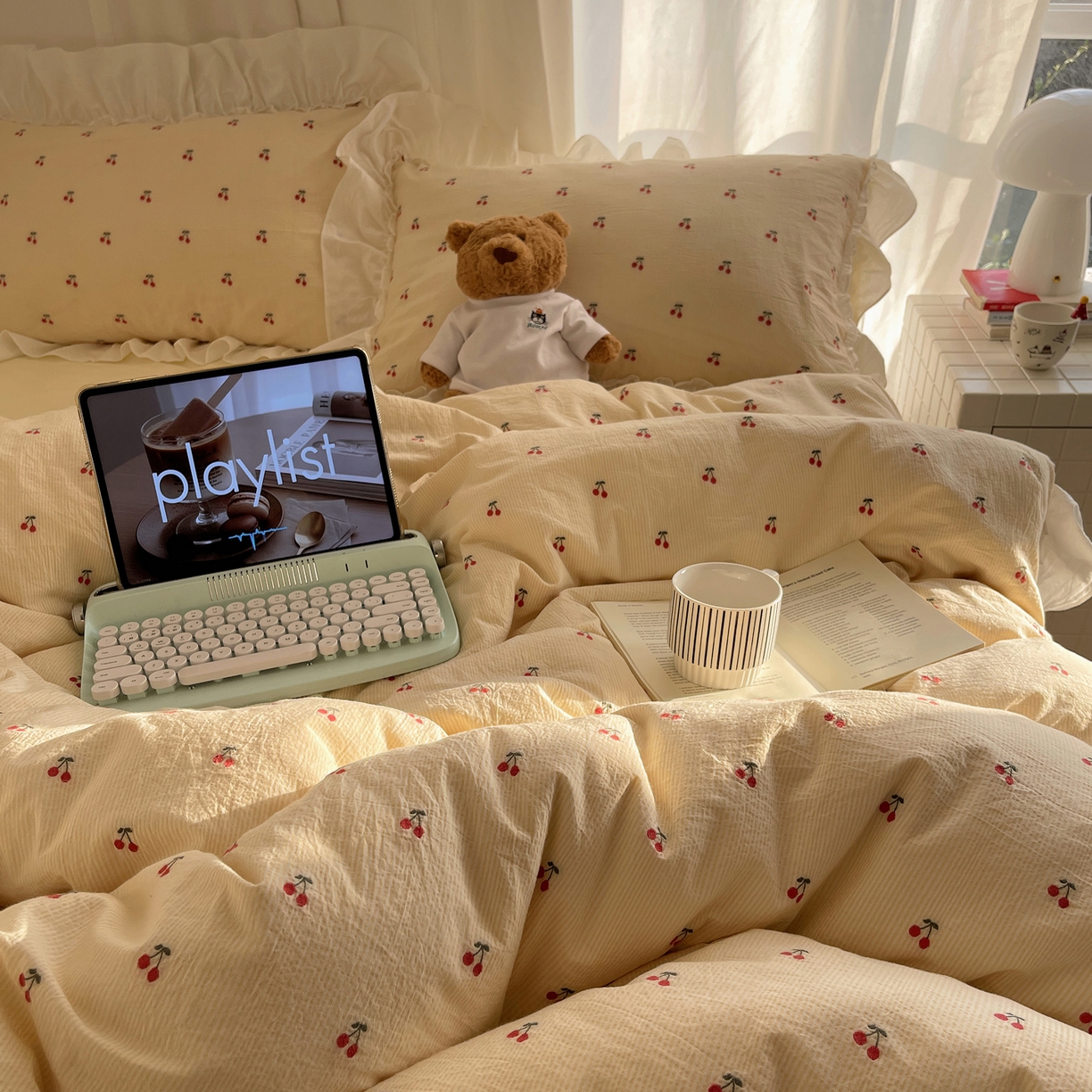 91家纺网 家纺一手货源 找家纺 六巷胡同 2026新款韩系博主风60支色织提花小樱桃A类全棉水洗棉四件套 小樱桃-黄