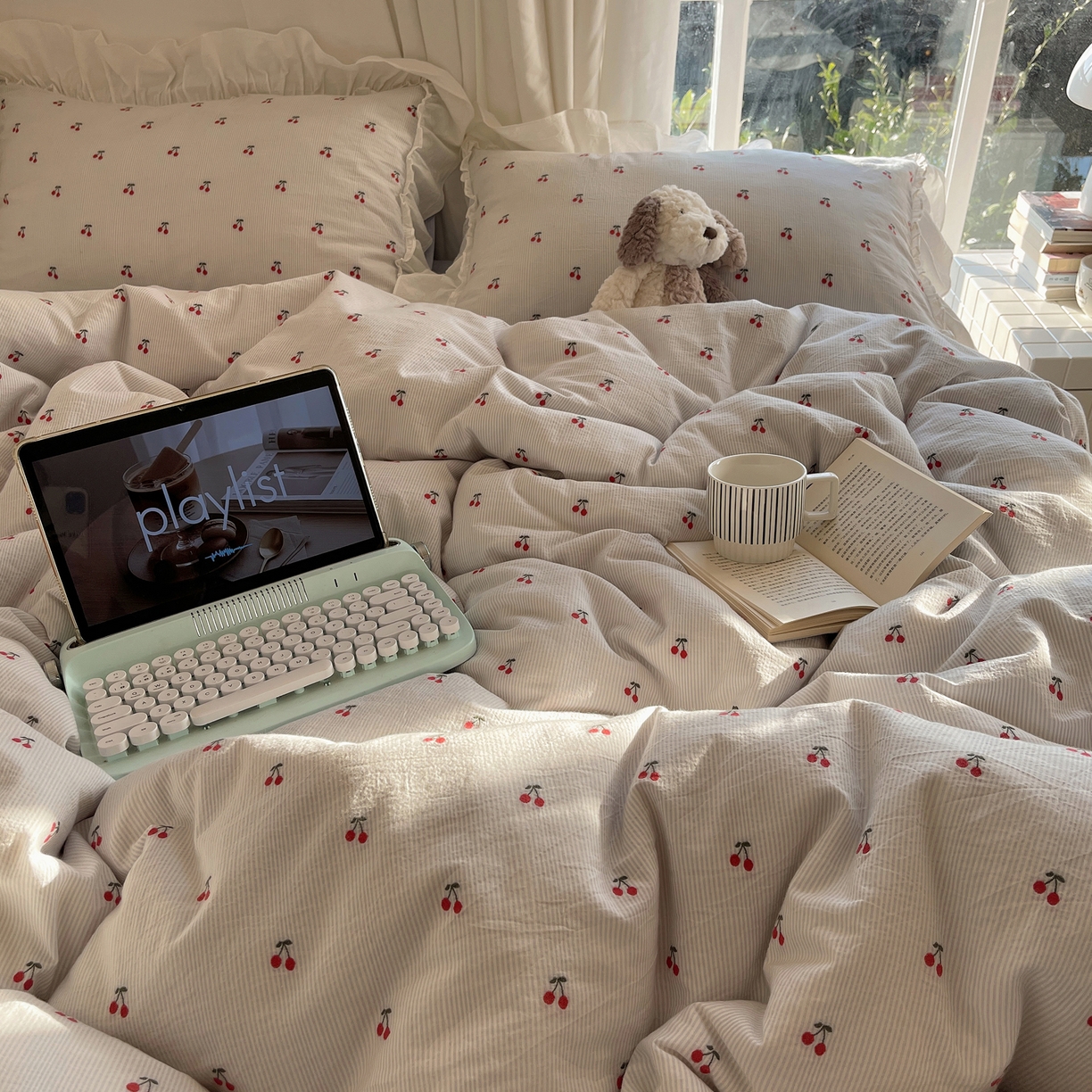 91家纺网 家纺一手货源 找家纺 六巷胡同 2026新款韩系博主风60支色织提花小樱桃A类全棉水洗棉四件套 小樱桃-蓝