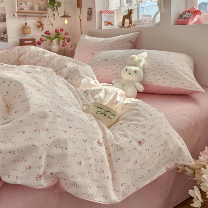 91家纺网 家纺一手货源 找家纺 捌月 2026新款奶油风全棉印花四件套 花间小兔