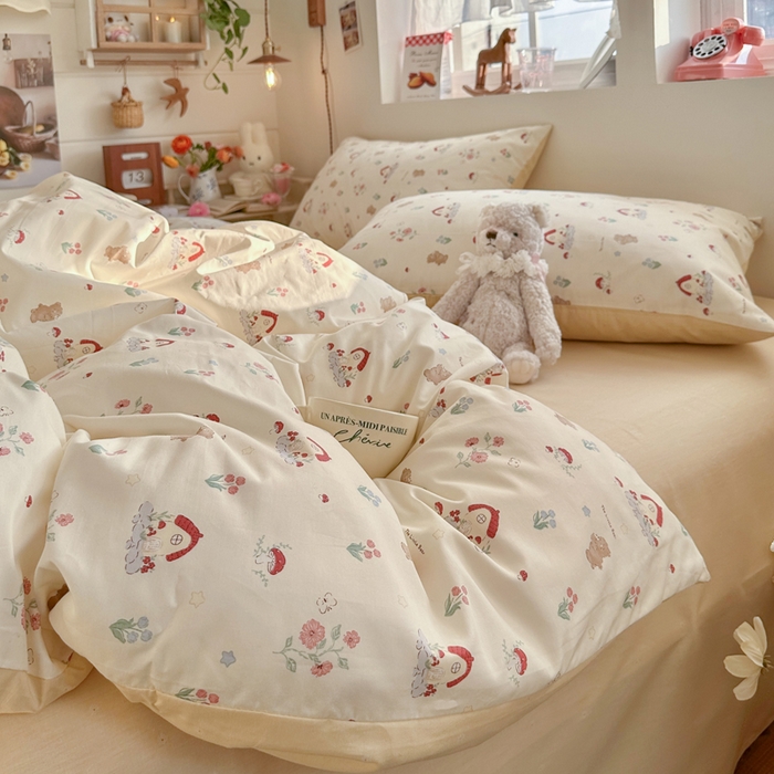 91家纺网 家纺一手货源 找家纺 捌月 2026新款奶油风全棉印花四件套 蘑菇屋