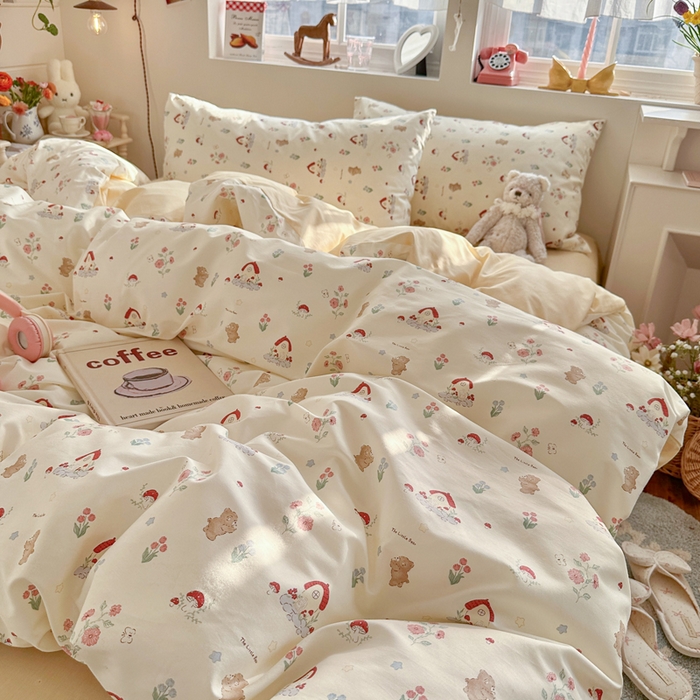 91家纺网 家纺一手货源 找家纺 捌月 2026新款奶油风全棉印花四件套 蘑菇屋