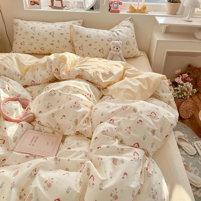 91家纺网 家纺一手货源 找家纺 捌月 2026新款奶油风全棉印花四件套 蘑菇屋