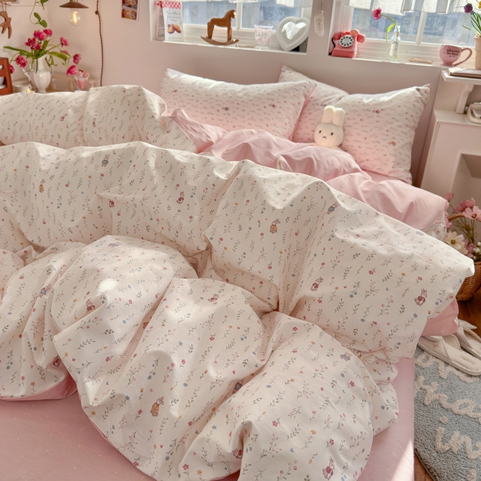 91家纺网 家纺一手货源 找家纺 捌月 2026新款奶油风全棉印花四件套 花间小兔