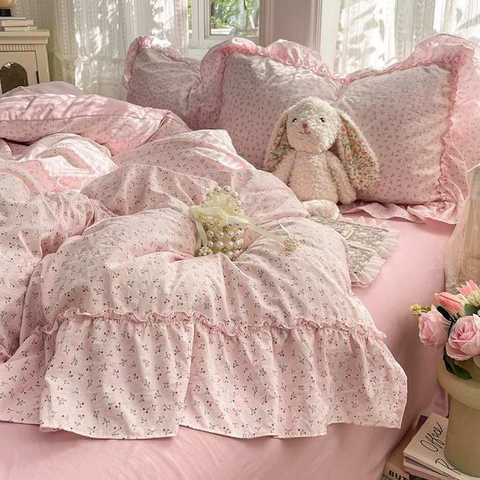 91家纺网 家纺一手货源 找家纺 优尚佳生活馆 2026新款A类仿棉水洗法式工艺花边四件套 巴黎粉屿