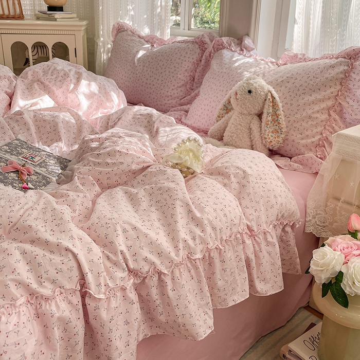 91家纺网 家纺一手货源 找家纺 优尚佳生活馆 2026新款A类仿棉水洗法式工艺花边四件套 巴黎粉屿