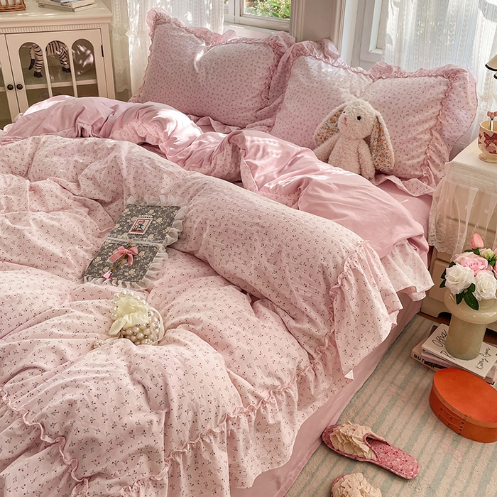 91家纺网 家纺一手货源 找家纺 优尚佳生活馆 2026新款A类仿棉水洗法式工艺花边四件套 巴黎粉屿