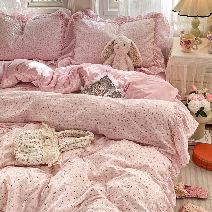 91家纺网 家纺一手货源 找家纺 优尚佳生活馆 2026新款A类仿棉水洗法式工艺花边四件套 巴黎粉屿