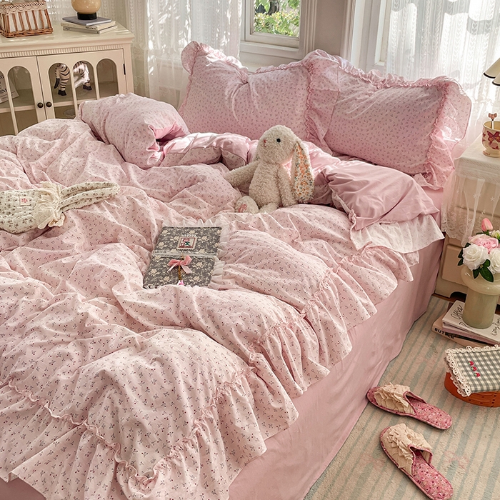 91家纺网 家纺一手货源 找家纺 优尚佳生活馆 2026新款A类仿棉水洗法式工艺花边四件套 巴黎粉屿