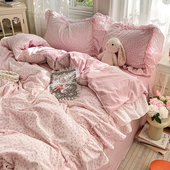 91家纺网 家纺一手货源 找家纺 优尚佳生活馆 2026新款A类仿棉水洗法式工艺花边四件套 巴黎粉屿