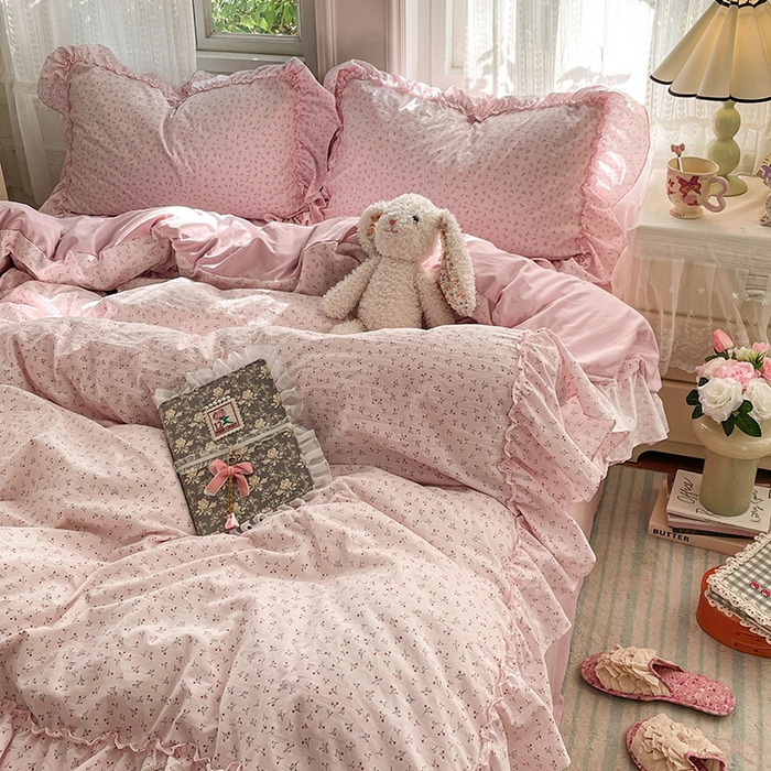 91家纺网 家纺一手货源 找家纺 优尚佳生活馆 2026新款A类仿棉水洗法式工艺花边四件套 巴黎粉屿