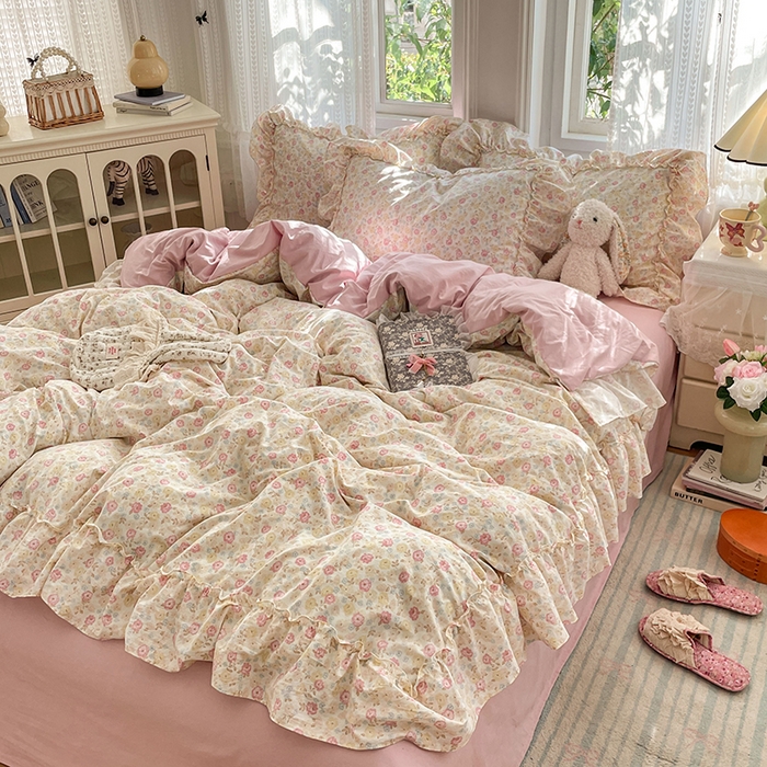 优尚佳生活馆 2026新款A类仿棉水洗法式工艺花边四件套 枫丹香谢