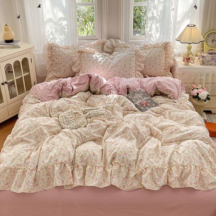 91家纺网 家纺一手货源 找家纺 优尚佳生活馆 2026新款A类仿棉水洗法式工艺花边四件套 枫丹香谢