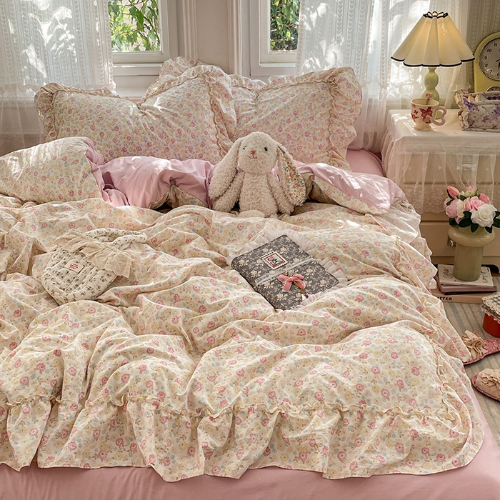 91家纺网 家纺一手货源 找家纺 优尚佳生活馆 2026新款A类仿棉水洗法式工艺花边四件套 枫丹香谢