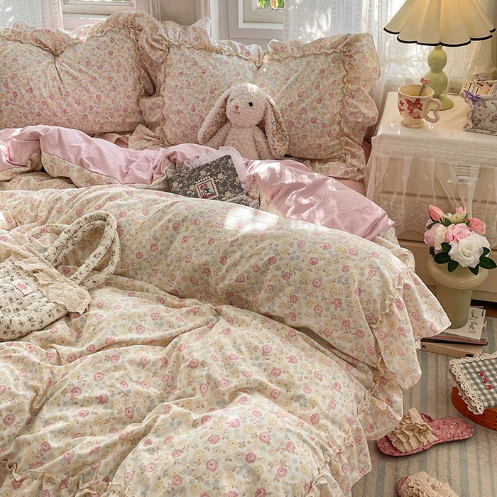 91家纺网 家纺一手货源 找家纺 优尚佳生活馆 2026新款A类仿棉水洗法式工艺花边四件套 枫丹香谢