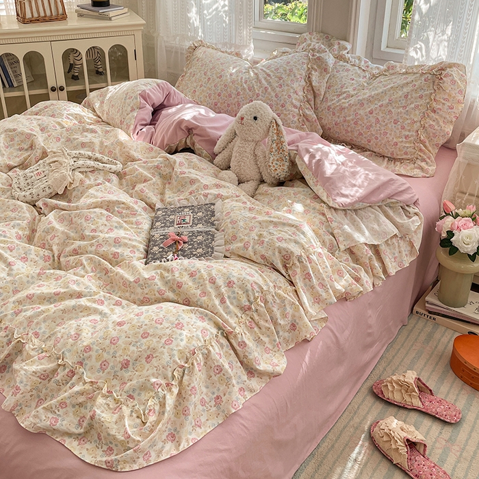 91家纺网 家纺一手货源 找家纺 优尚佳生活馆 2026新款A类仿棉水洗法式工艺花边四件套 枫丹香谢