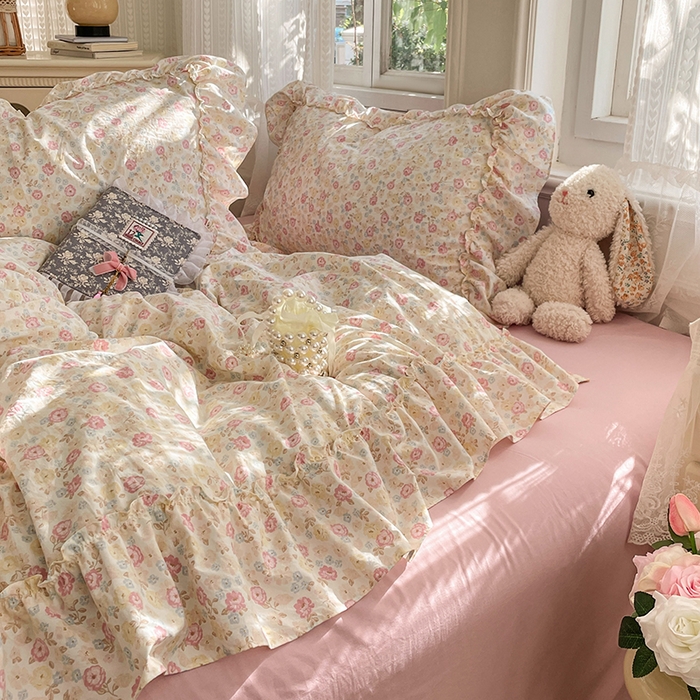 91家纺网 家纺一手货源 找家纺 优尚佳生活馆 2026新款A类仿棉水洗法式工艺花边四件套 枫丹香谢