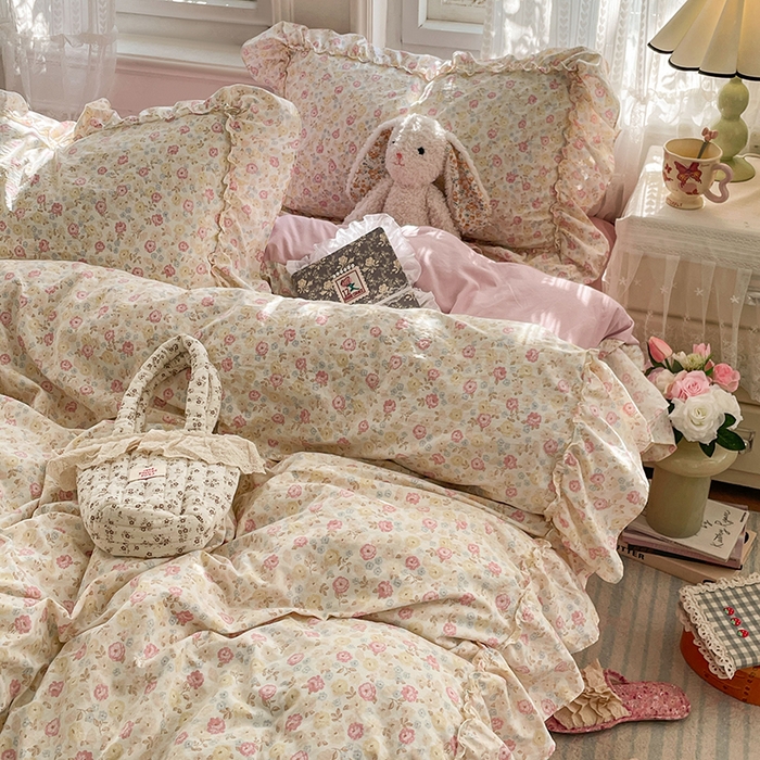 91家纺网 家纺一手货源 找家纺 优尚佳生活馆 2026新款A类仿棉水洗法式工艺花边四件套 枫丹香谢