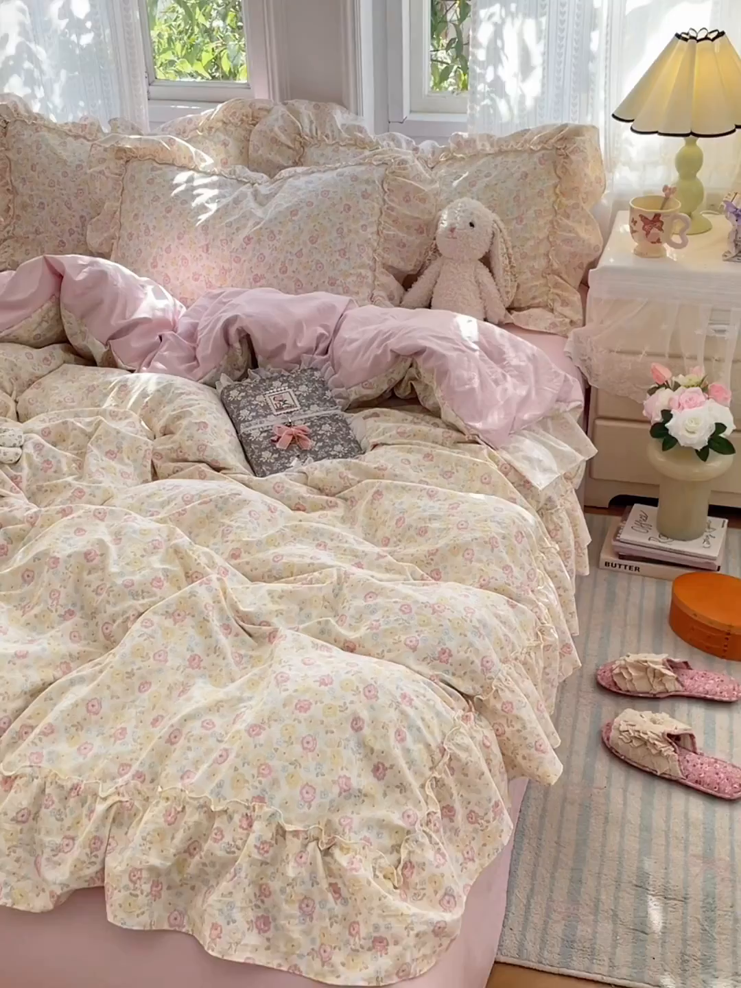 91家纺网 家纺一手货源 找家纺 优尚佳生活馆 2026新款A类仿棉水洗法式工艺花边四件套 枫丹香谢