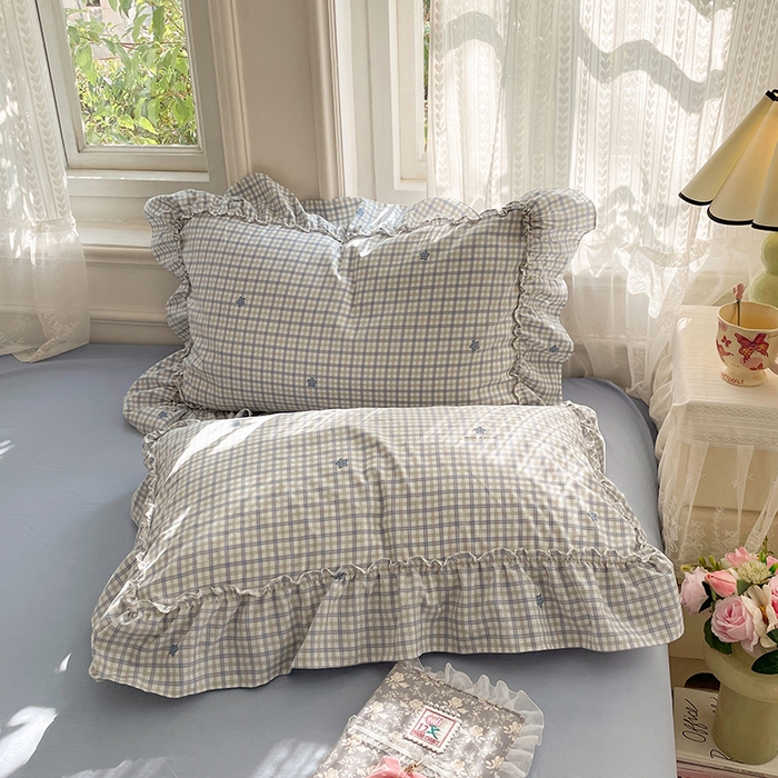 91家纺网 家纺一手货源 找家纺 优尚佳生活馆 2026新款A类仿棉水洗法式工艺花边四件套 格纹河畔