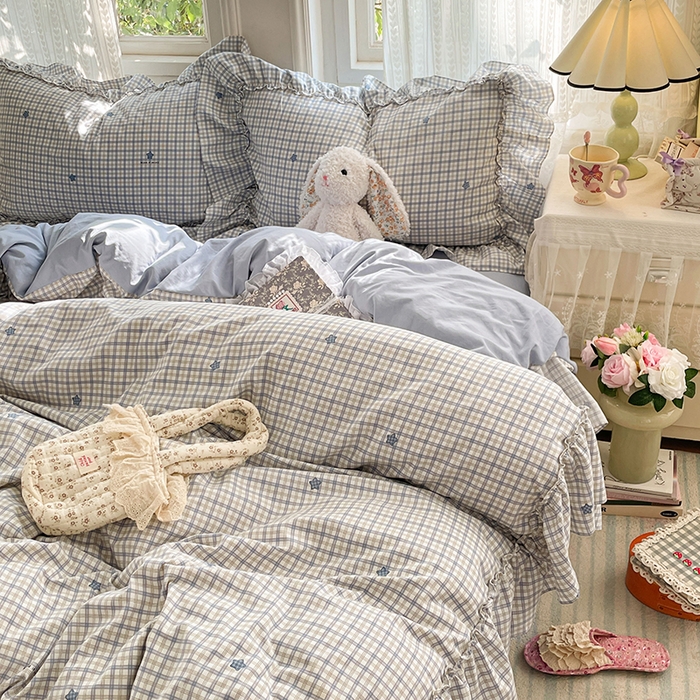 91家纺网 家纺一手货源 找家纺 优尚佳生活馆 2026新款A类仿棉水洗法式工艺花边四件套 格纹河畔