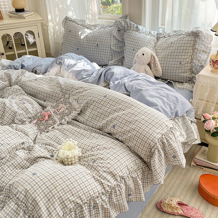 91家纺网 家纺一手货源 找家纺 优尚佳生活馆 2026新款A类仿棉水洗法式工艺花边四件套 格纹河畔