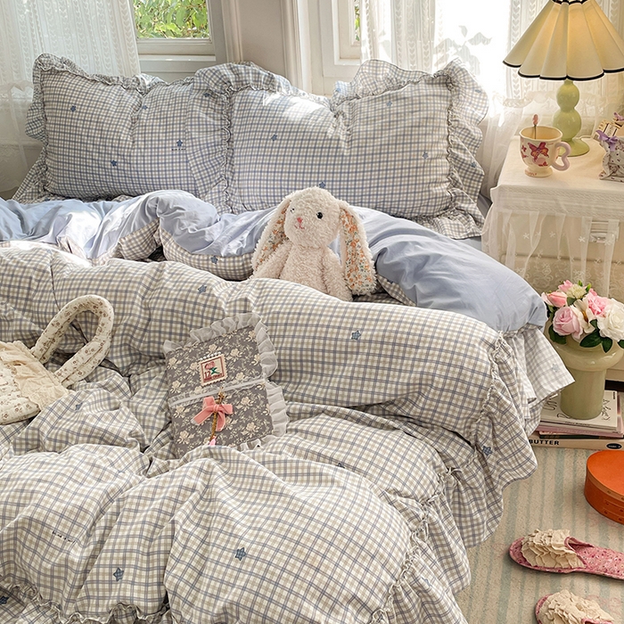 91家纺网 家纺一手货源 找家纺 优尚佳生活馆 2026新款A类仿棉水洗法式工艺花边四件套 格纹河畔