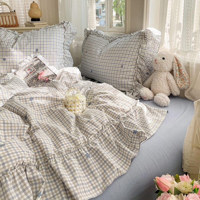 91家纺网 家纺一手货源 找家纺 优尚佳生活馆 2026新款A类仿棉水洗法式工艺花边四件套 格纹河畔