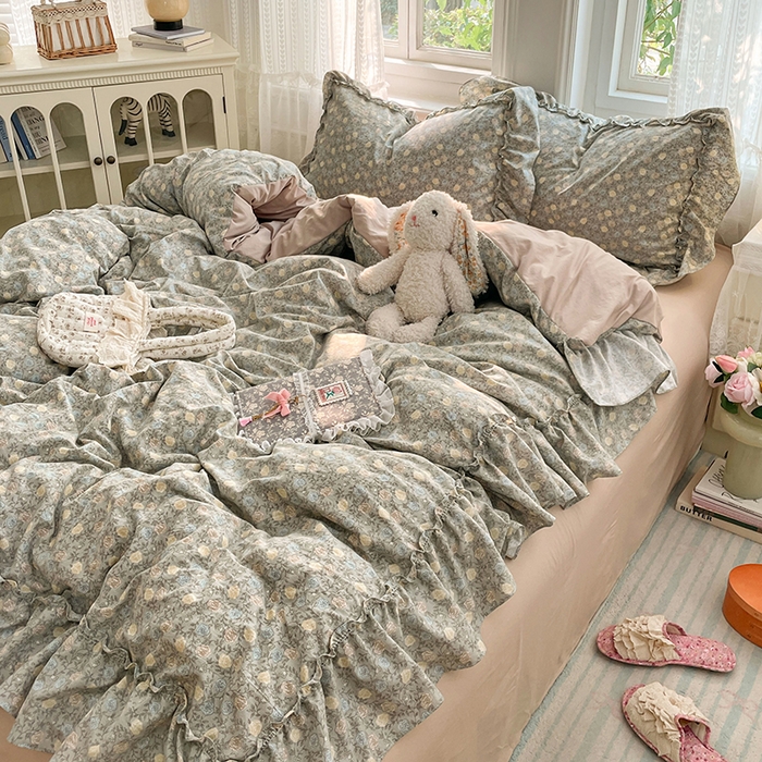 91家纺网 家纺一手货源 找家纺 优尚佳生活馆 2026新款A类仿棉水洗法式工艺花边四件套 花海