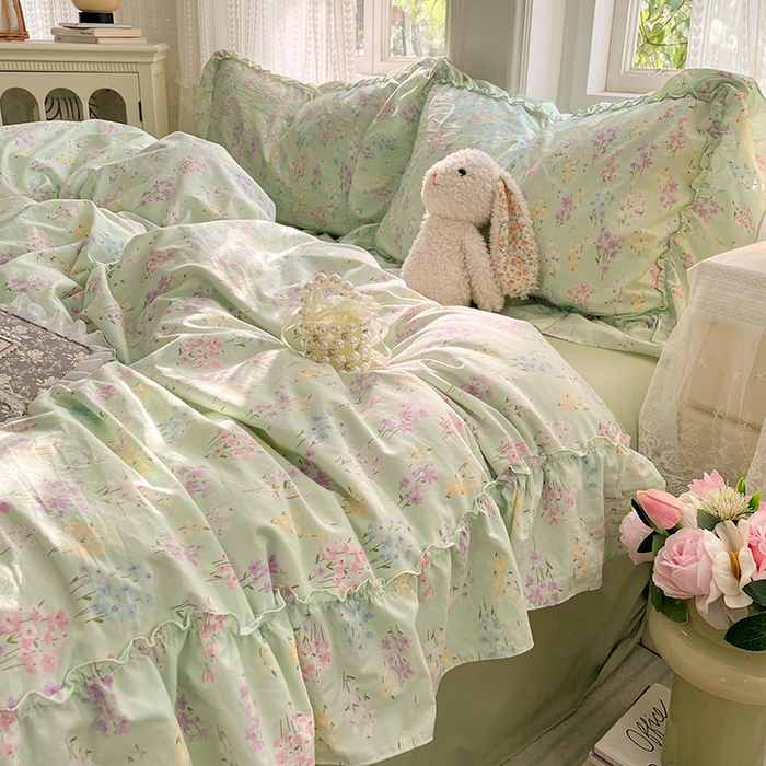 91家纺网 家纺一手货源 找家纺 优尚佳生活馆 2026新款A类仿棉水洗法式工艺花边四件套 花开半夏