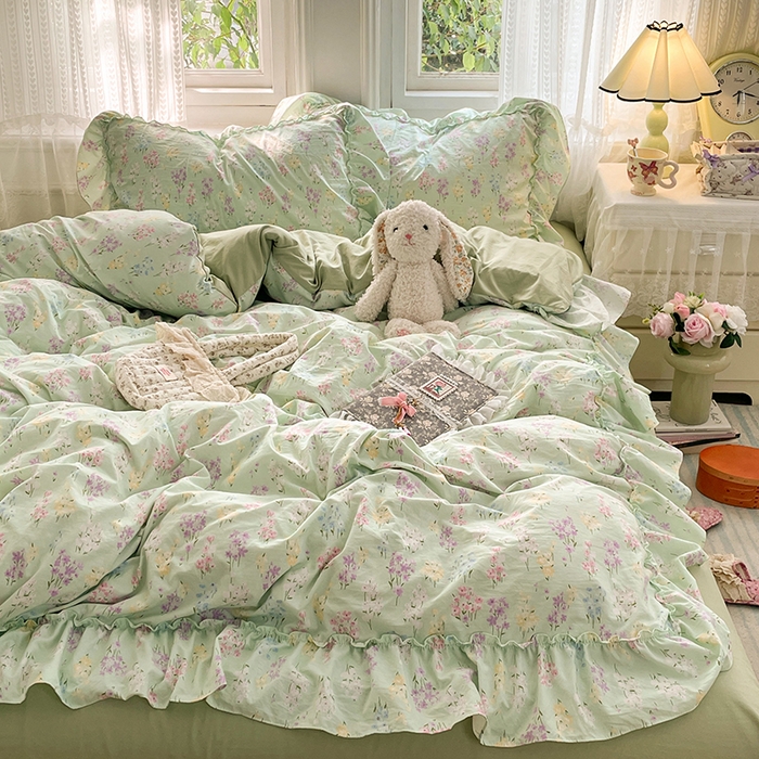 91家纺网 家纺一手货源 找家纺 优尚佳生活馆 2026新款A类仿棉水洗法式工艺花边四件套 花开半夏